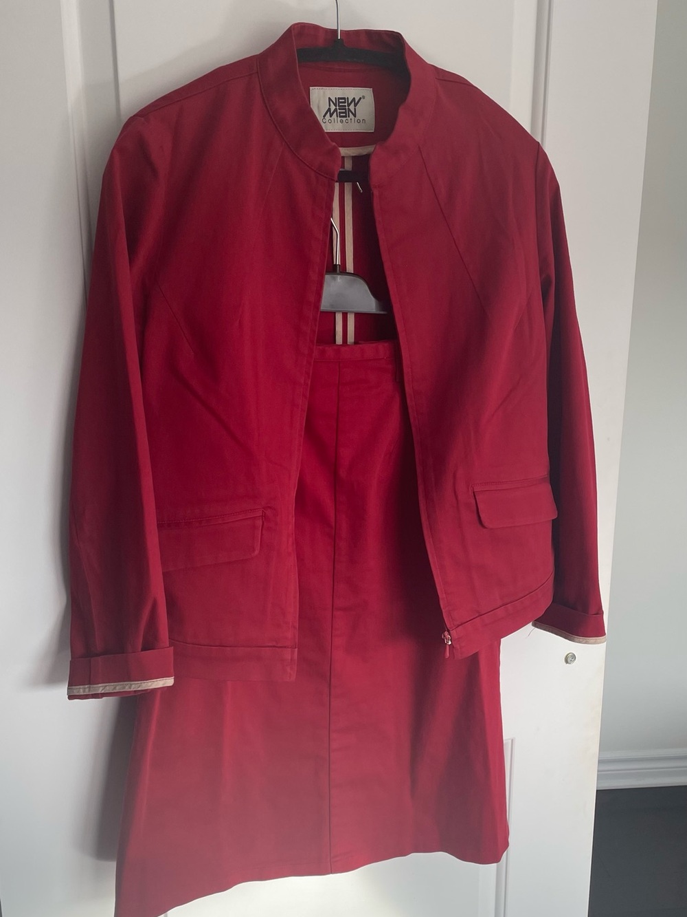 New Man Crimson Collarless Blazer and Skirt Set